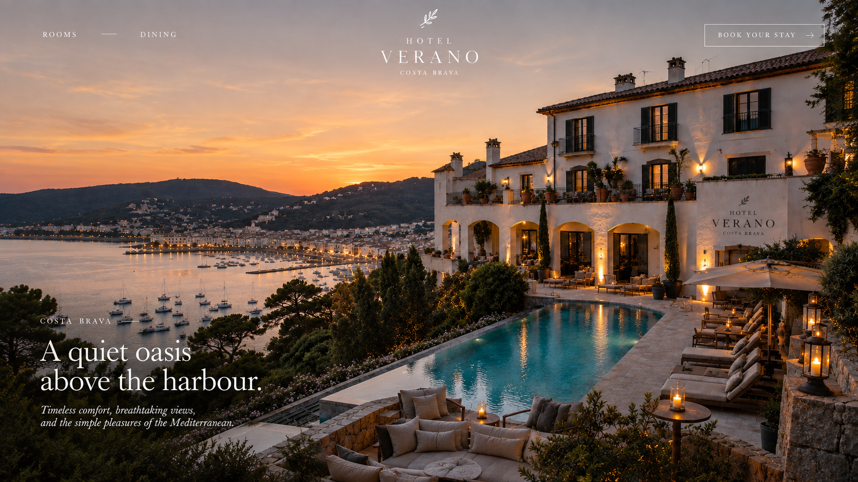 Hotel Verano final website: sunset over Costa Brava, centered hotel wordmark, Rooms and Dining navigation, Book your stay button, and A quiet oasis above the harbour headline.
